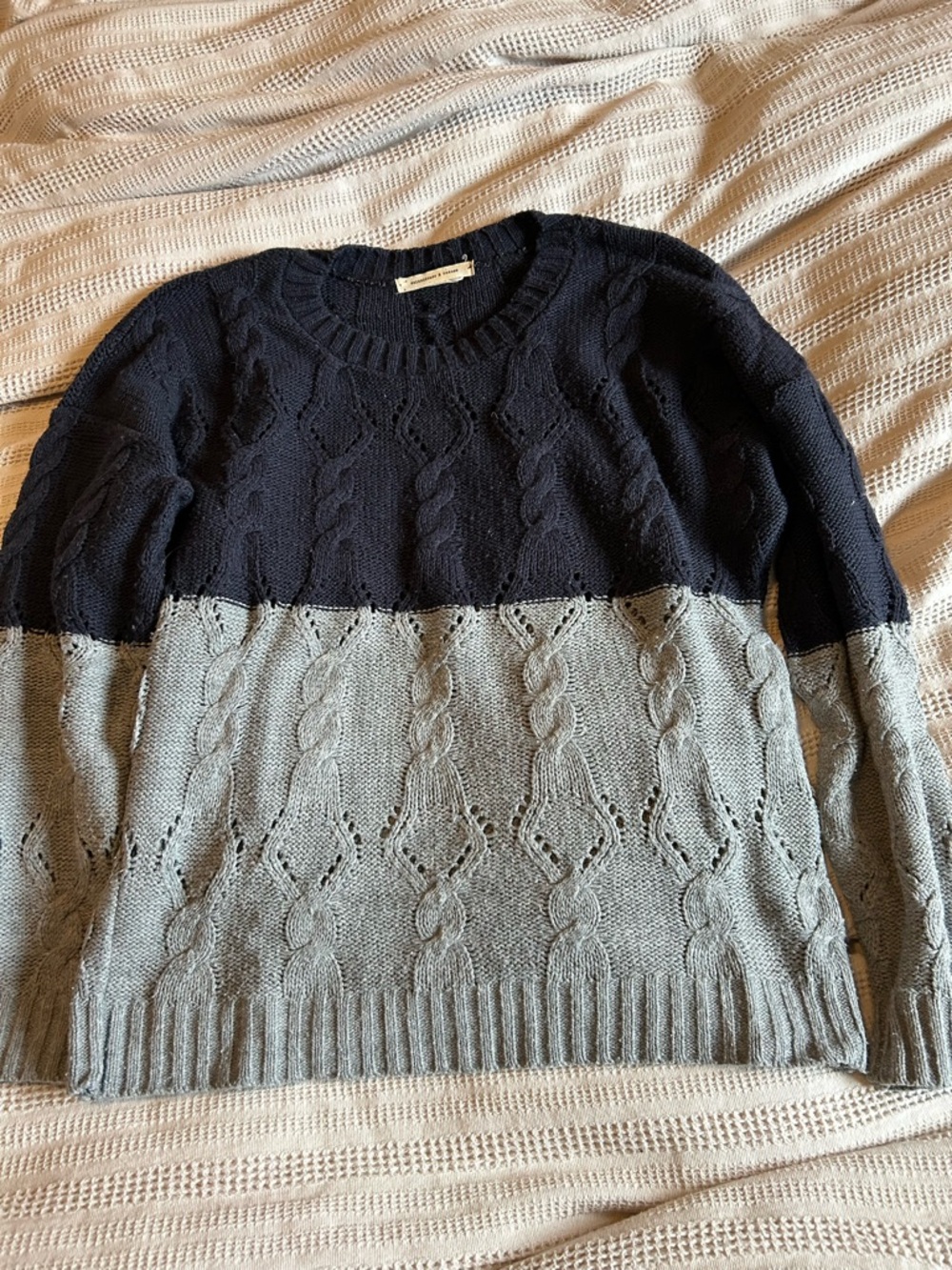 Urban Outfitters Two-Tone Cable Crewneck Sweater - Navy & Gray